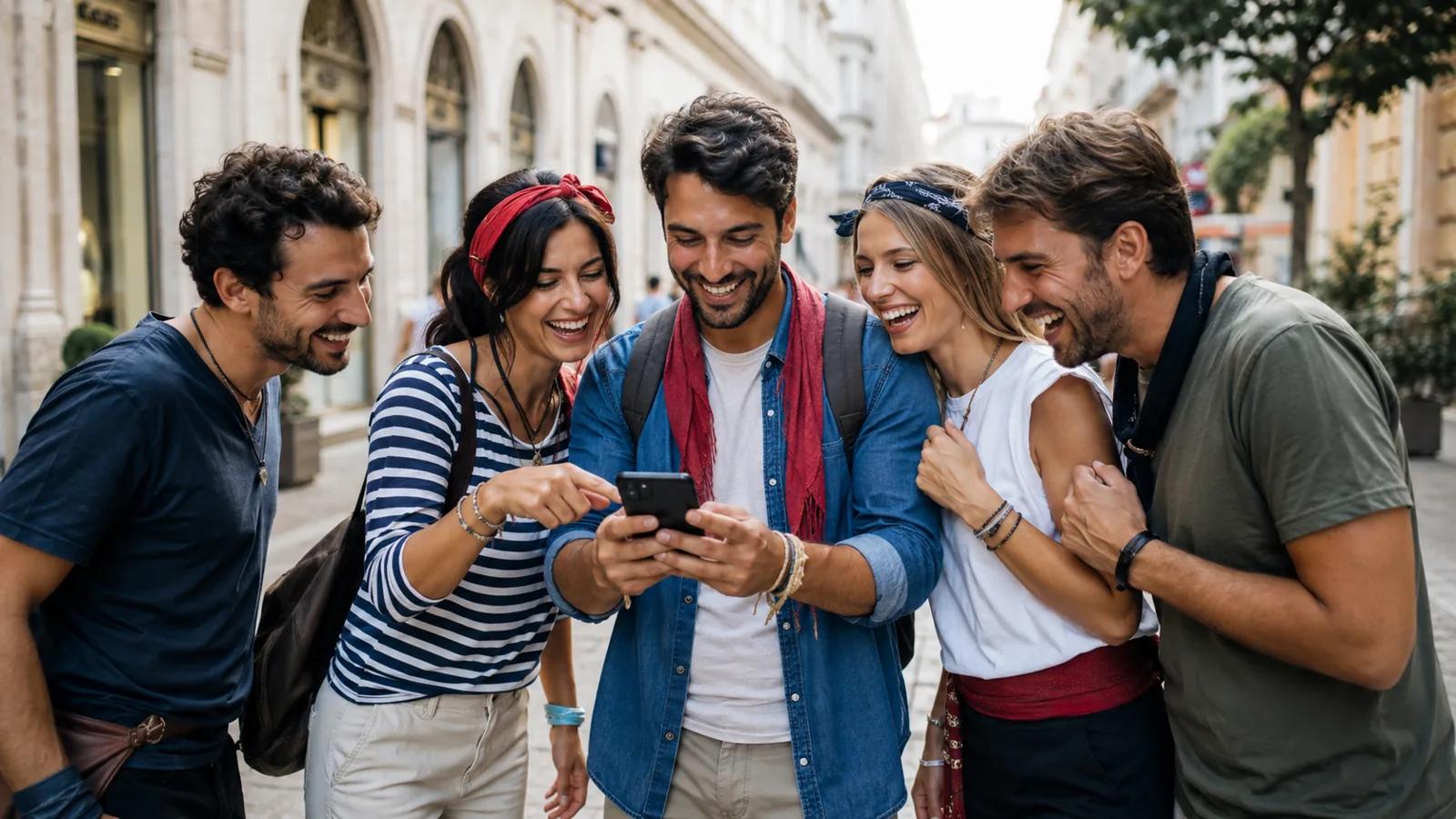 Un gruppo di amici adulti gioca a una mappa del tesoro urbana ridendo.
