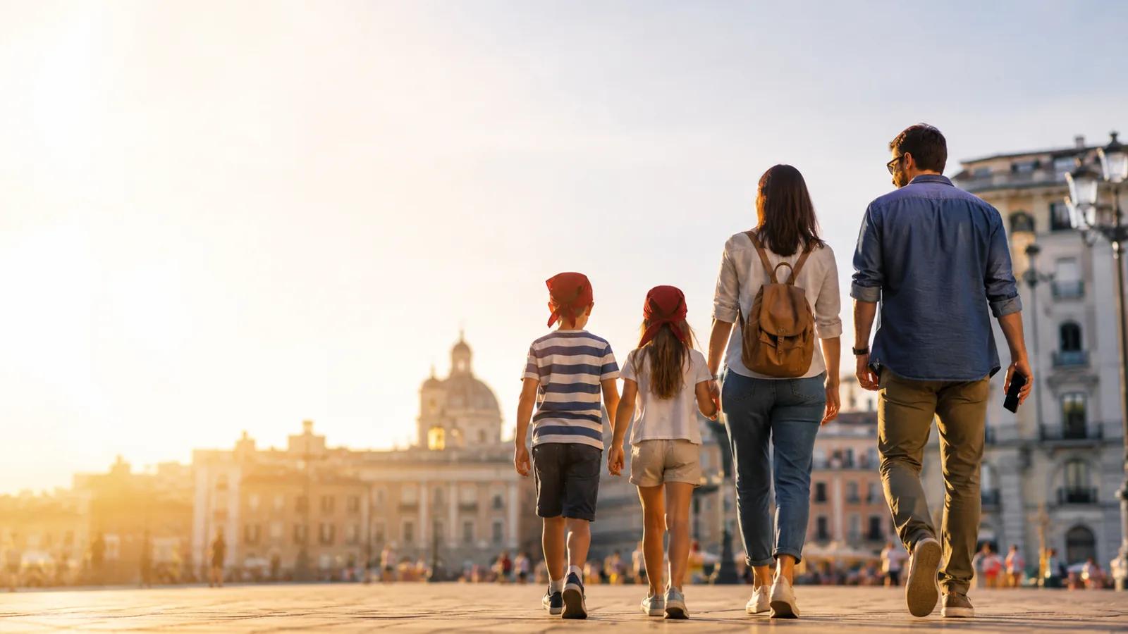 Un gruppo si incammina verso una piazza luminosa, all'inizio di un'avventura.