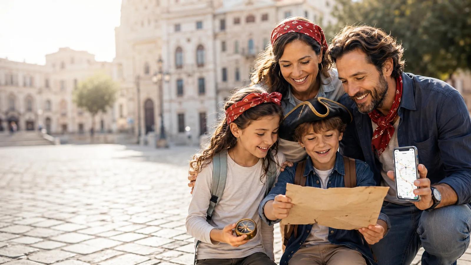 Un gruppo eterogeneo di persone gioca a una mappa del tesoro urbana in una via italiana.