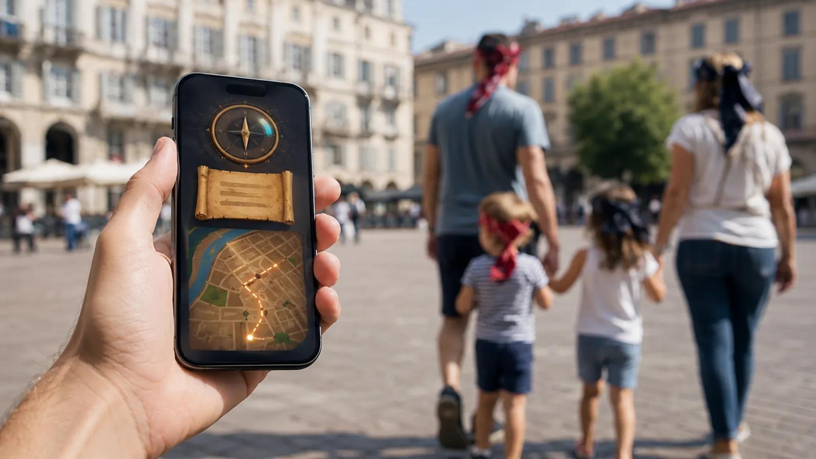 Close-up di uno smartphone con una mappa digitale durante una mappa del tesoro.
